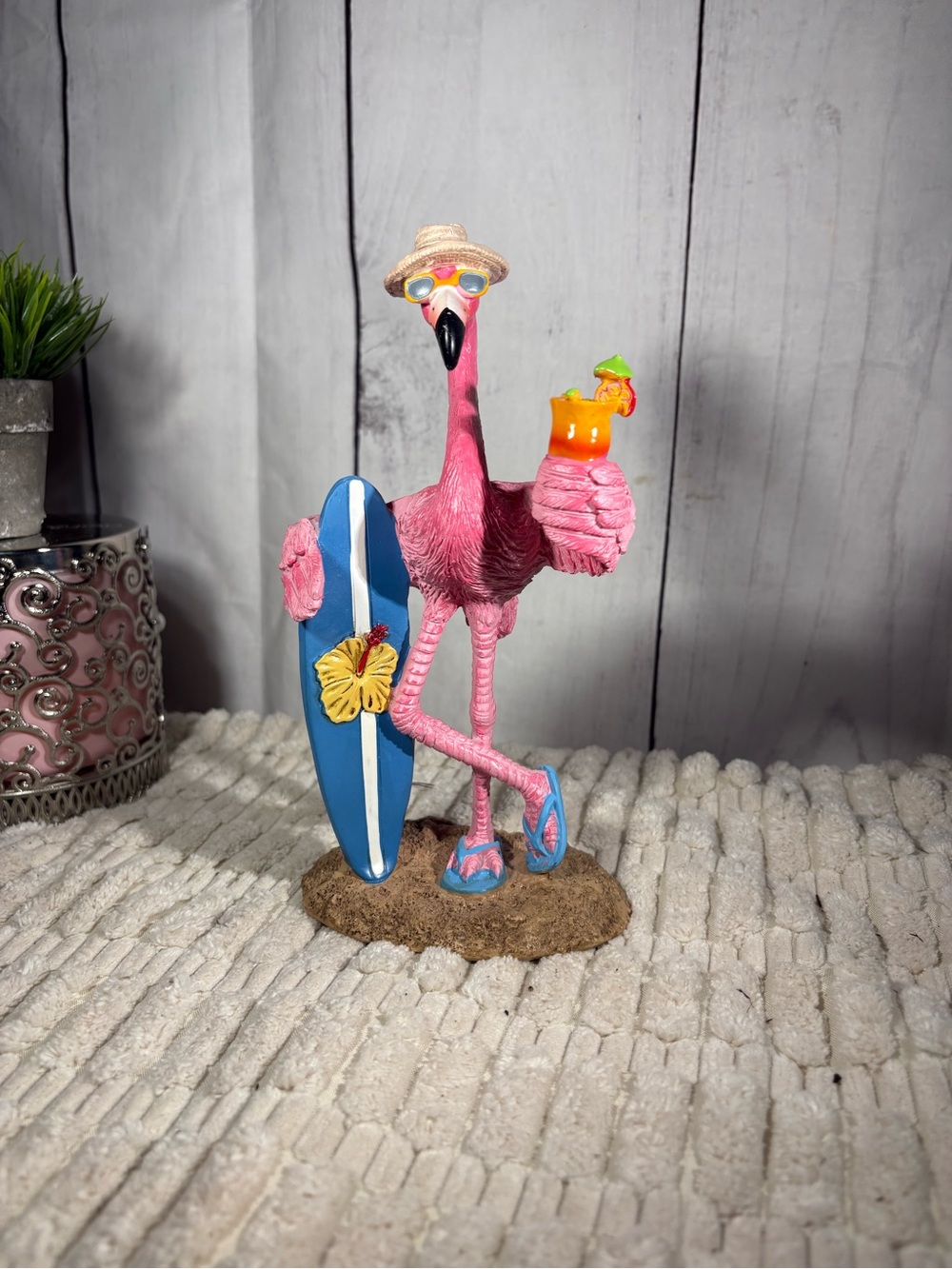 Source Unknown Pink Flamingo with Blue Surfboard and Tropical Cocktail Figurine